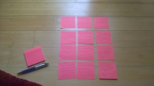 Planning my first draft using post-it notes stuck to my floor!